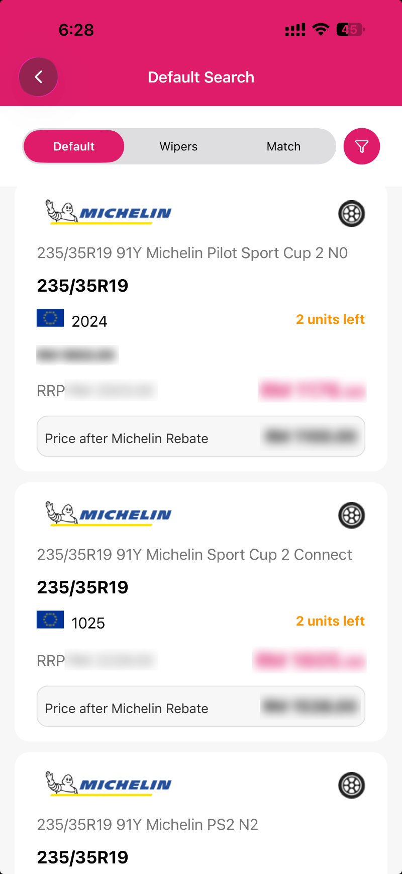 Tayarlo dealer app — live Michelin stock with DOT year and rebate pricing