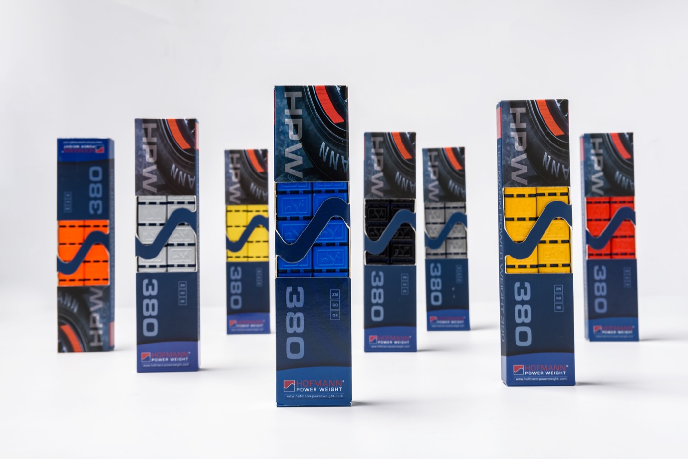 Hofmann TYPE380 adhesive weights — coated colour finishes for alloy wheels